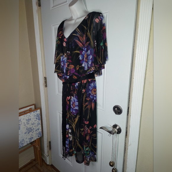 Connected Apparel Sleeveless Chiffon Cape-like Ruffle Floral V-Neck Dress NWT - Picture 6 of 7